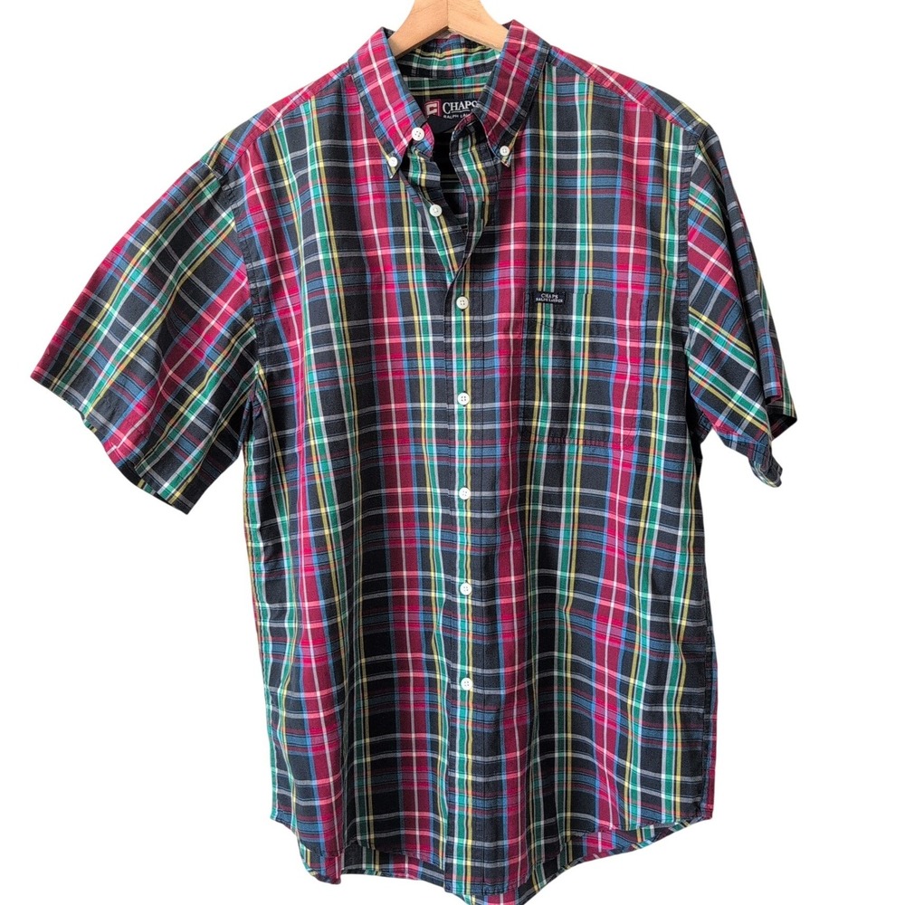 Vintage Chaps Ralph Lauren Mens Large Short Sleeve Plaid Button Down Shirt 90s
